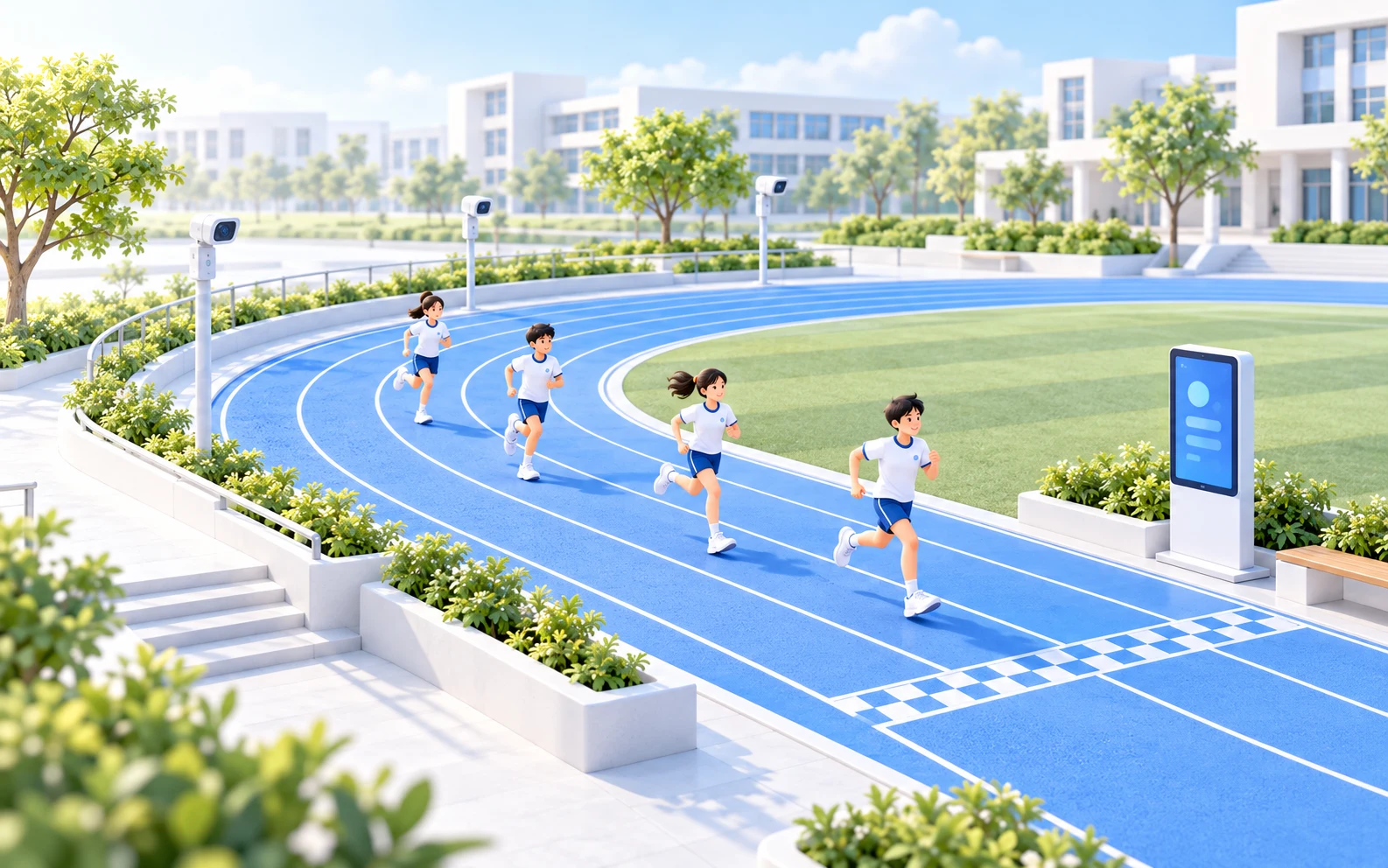 蓝色校园跑道与跑步活动的重新设计概念场景